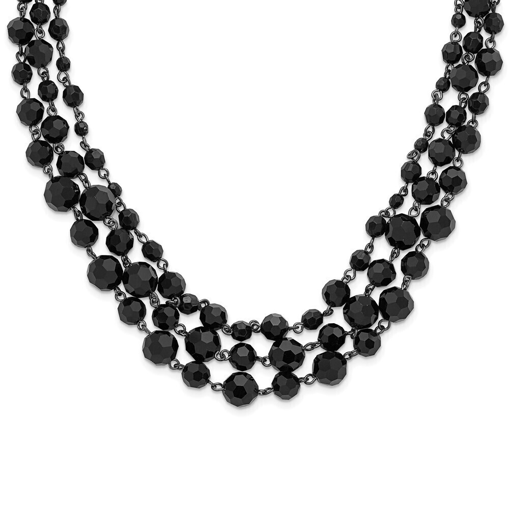 1928 Jet Black Glass Faceted Bead Graduated Three Strand Adj. 16" Necklace